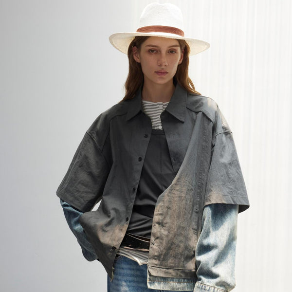 Splicing fake two denim shirts with retro loose fit