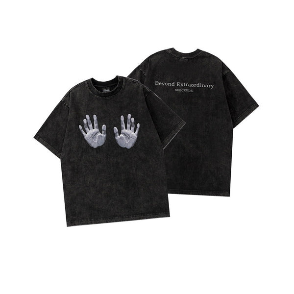 Handprint printed letters for vintage loose fitting men's and women's T-shirts