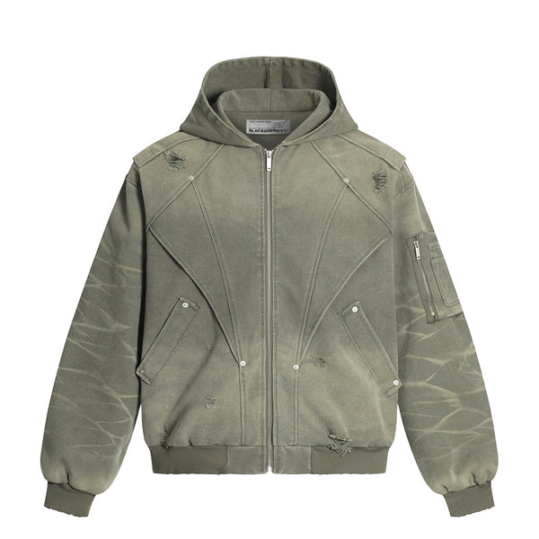 Retro Heavyweight Tactical Washed Distressed Canvas Hoodie Jacket for Men, Autumn Streetwear Style, Short Hooded Coat