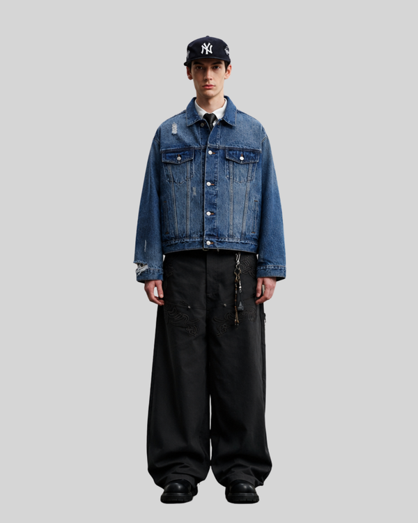 Washed Distressed Heavyweight Denim Jacket for Men