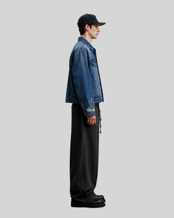 Washed Distressed Heavyweight Denim Jacket for Men