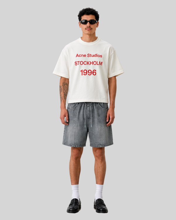 Deconstructed and spliced washed denim shorts for men