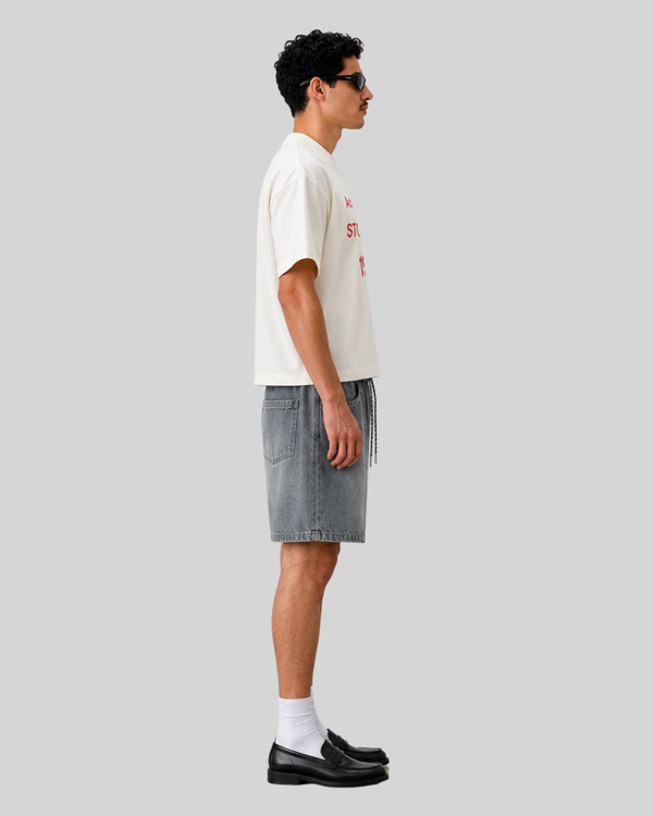 Deconstructed and spliced washed denim shorts for men