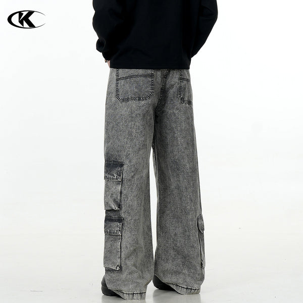 Washed Gray Workwear Jeans with Multiple Pockets for Men and Women
