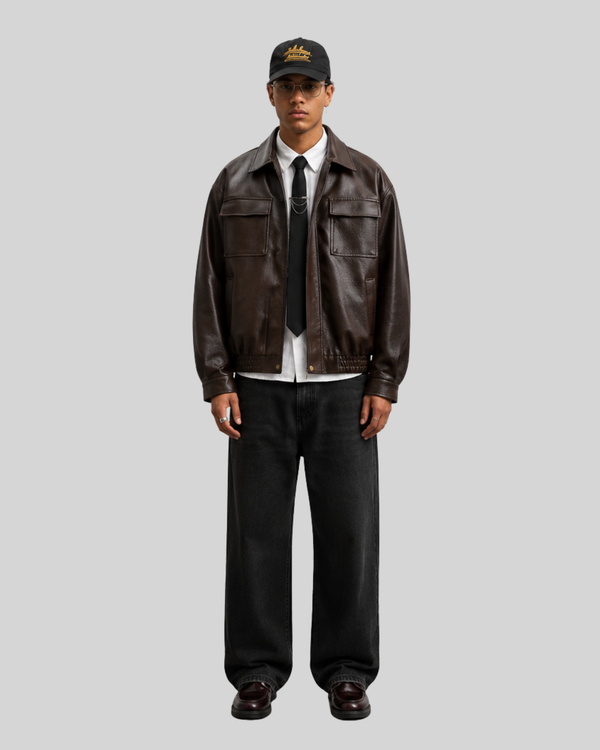 Metal Zipper Loose Muted Brown PU Leather Jacket for Men