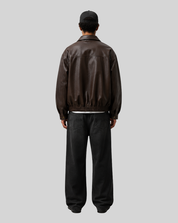 Metal Zipper Loose Muted Brown PU Leather Jacket for Men
