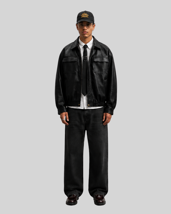 Metal Zipper Loose Muted Brown PU Leather Jacket for Men