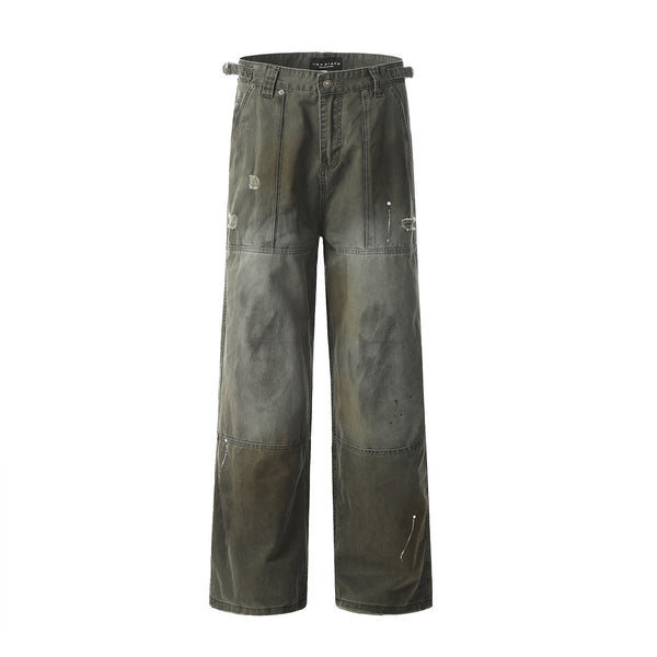 Distressed Straight Leg Work Pants with Adjustable Waistband for Men and Women