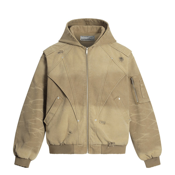 Retro Heavyweight Tactical Washed Distressed Canvas Hoodie Jacket for Men, Autumn Streetwear Style, Short Hooded Coat