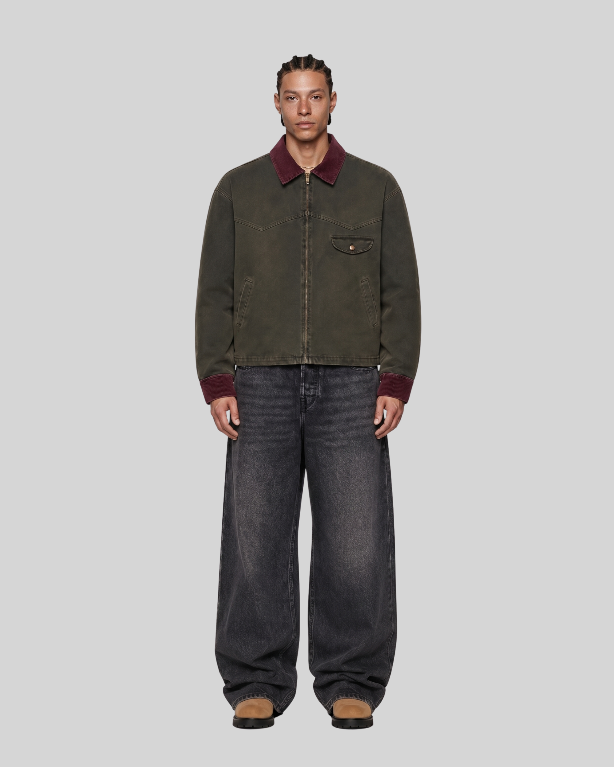 Faded Color Block Corduroy Collar Work Jacket Zipper Outerwear Men