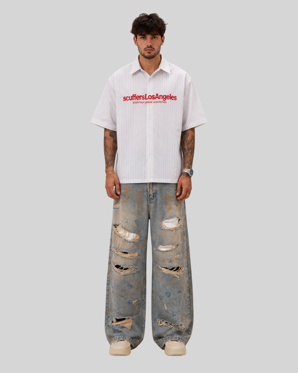 Style Casual Knife-Shape Pants Men Loose Straight Leg Distressed Autumn Fashion Vintage Ripped Jeans