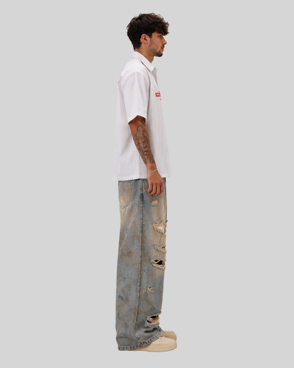 Style Casual Knife-Shape Pants Men Loose Straight Leg Distressed Autumn Fashion Vintage Ripped Jeans