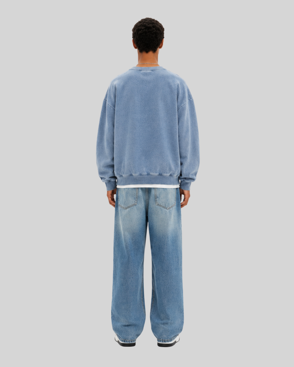 Heavy-Wash Bleached Embroidered Solid Color Fleece Crewneck Sweatshirt for Men