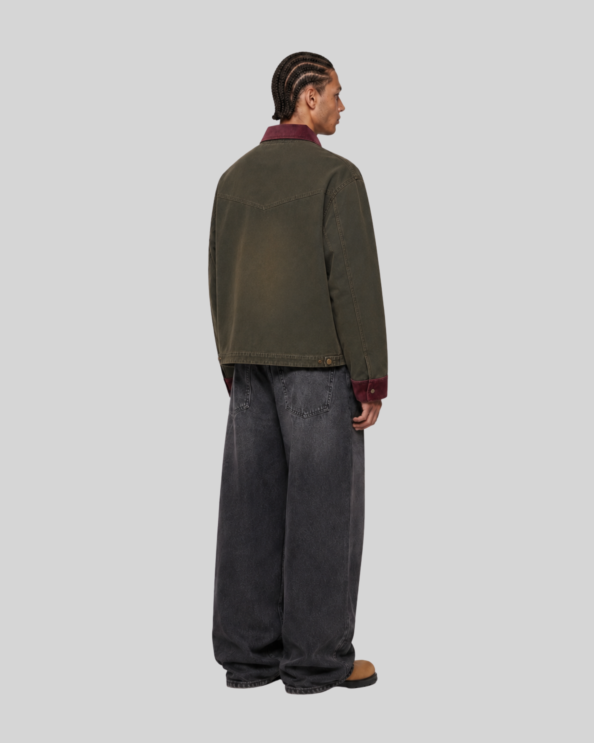 Faded Color Block Corduroy Collar Work Jacket Zipper Outerwear Men