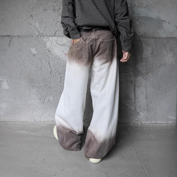 Retro Style Washed Ombre Color Knife-Edge Jeans for Men and Women,  Loose Floor-Length Wide Leg Pants