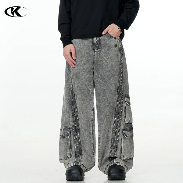 Washed Gray Workwear Jeans with Multiple Pockets for Men and Women