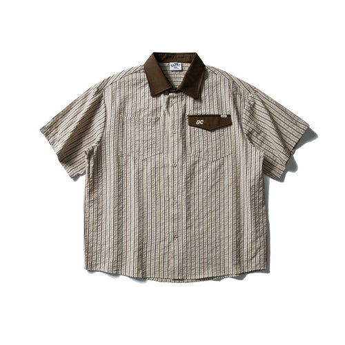 Color blocking loose foam gauze striped short sleeved shirt for men
