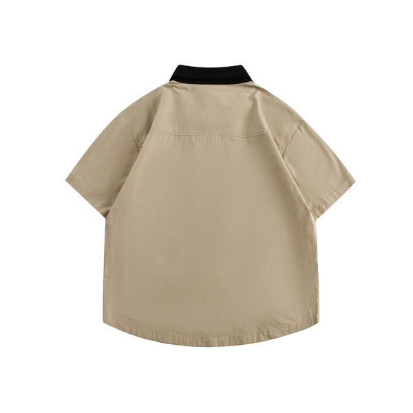Minimally embroidered contrasting collar loose workwear short sleeved shirt for men