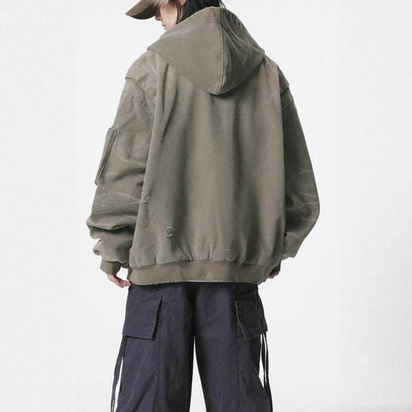 Retro Heavyweight Tactical Washed Distressed Canvas Hoodie Jacket for Men, Autumn Streetwear Style, Short Hooded Coat