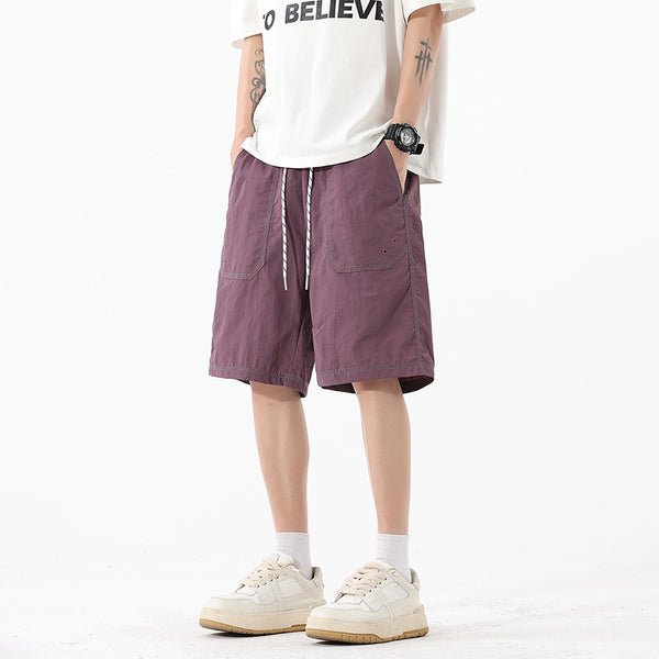 Loose Beach Shorts for Men with Simple Topstitching Design Five-Quarter Pants