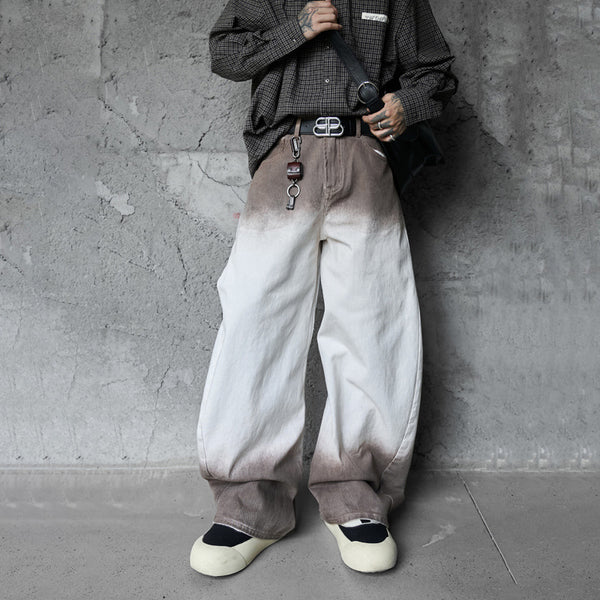 Retro Style Washed Ombre Color Knife-Edge Jeans for Men and Women,  Loose Floor-Length Wide Leg Pants