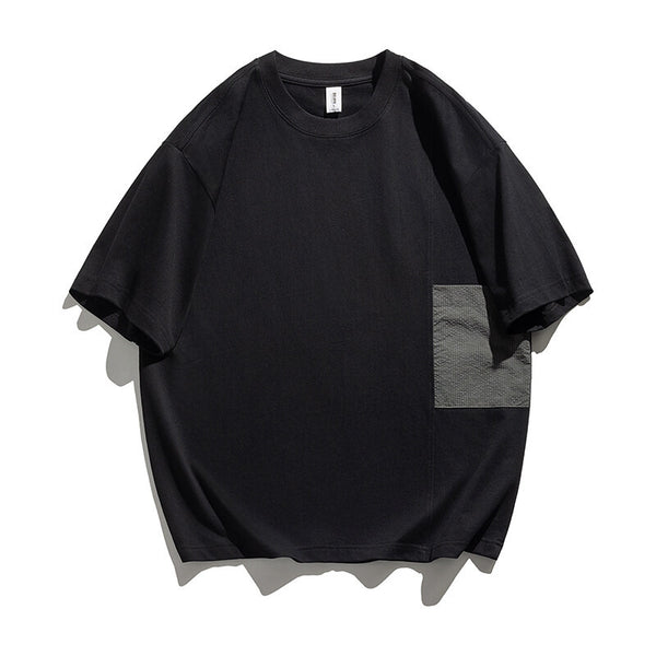 Splicing color blocked round neck five quarter short sleeved T-shirt for men