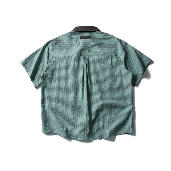 Color blocking loose foam gauze striped short sleeved shirt for men