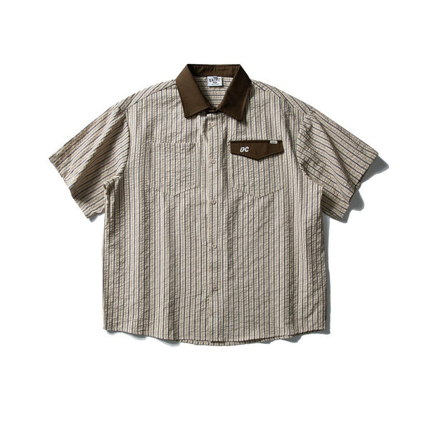 Color blocking loose foam gauze striped short sleeved shirt for men