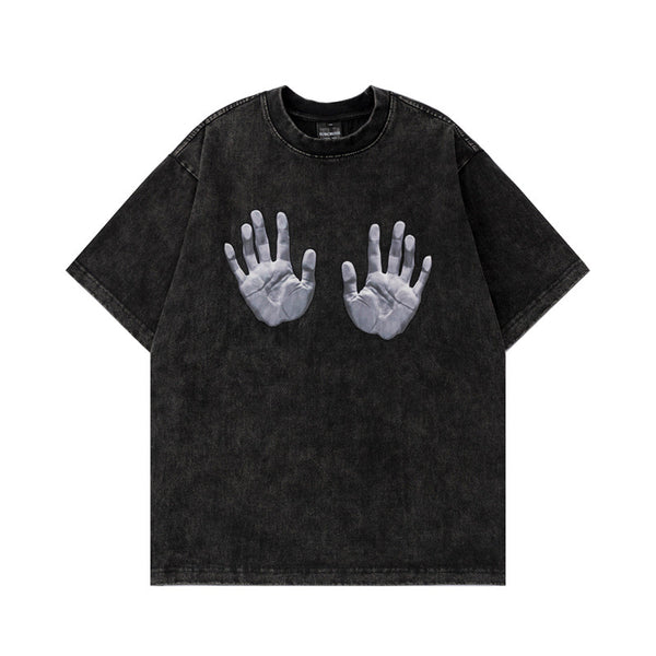 Handprint printed letters for vintage loose fitting men's and women's T-shirts