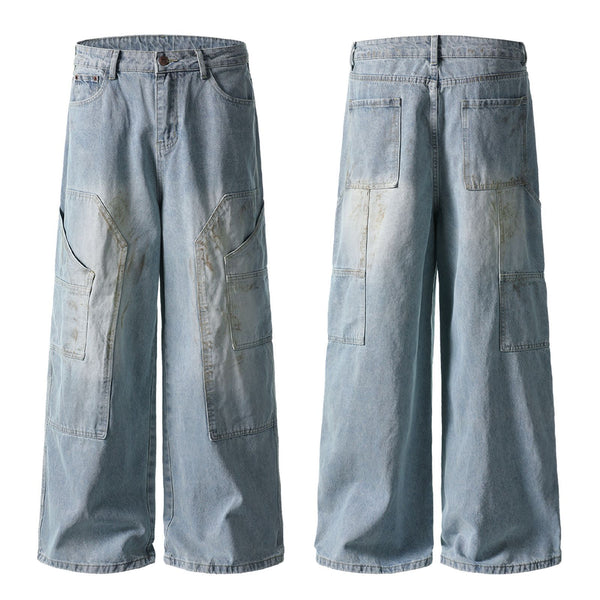 Washed Design Multi-Pocket Loose Straight Jeans for Men