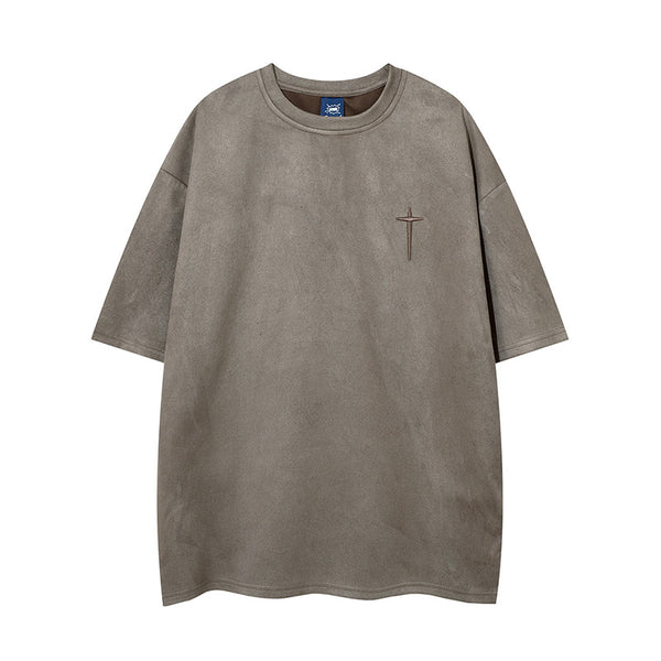 Street Style Cross Embroidery Suede Short Sleeve T-Shirt Men Loose Casual Personality Couple Top
