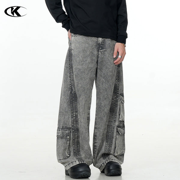 Washed Gray Workwear Jeans with Multiple Pockets for Men and Women