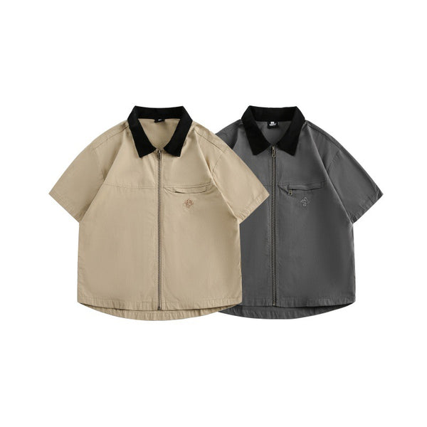 Minimally embroidered contrasting collar loose workwear short sleeved shirt for men