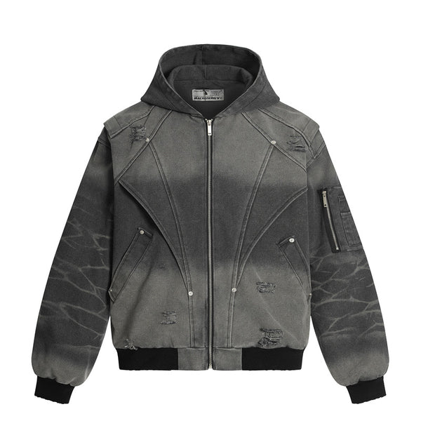 Retro Heavyweight Tactical Washed Distressed Canvas Hoodie Jacket for Men, Autumn Streetwear Style, Short Hooded Coat