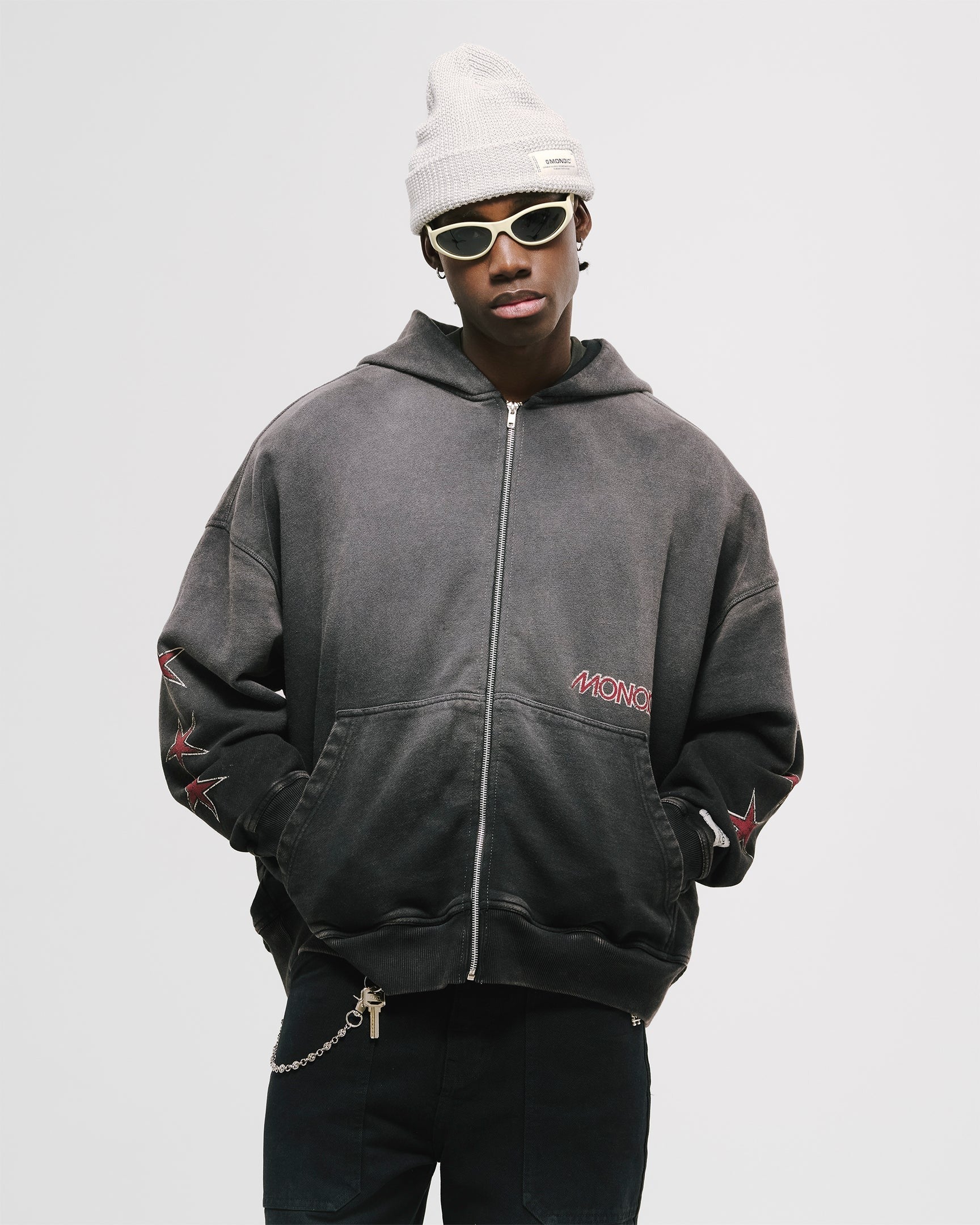 Monoic Records Zip Hoodie - Distressed Black
