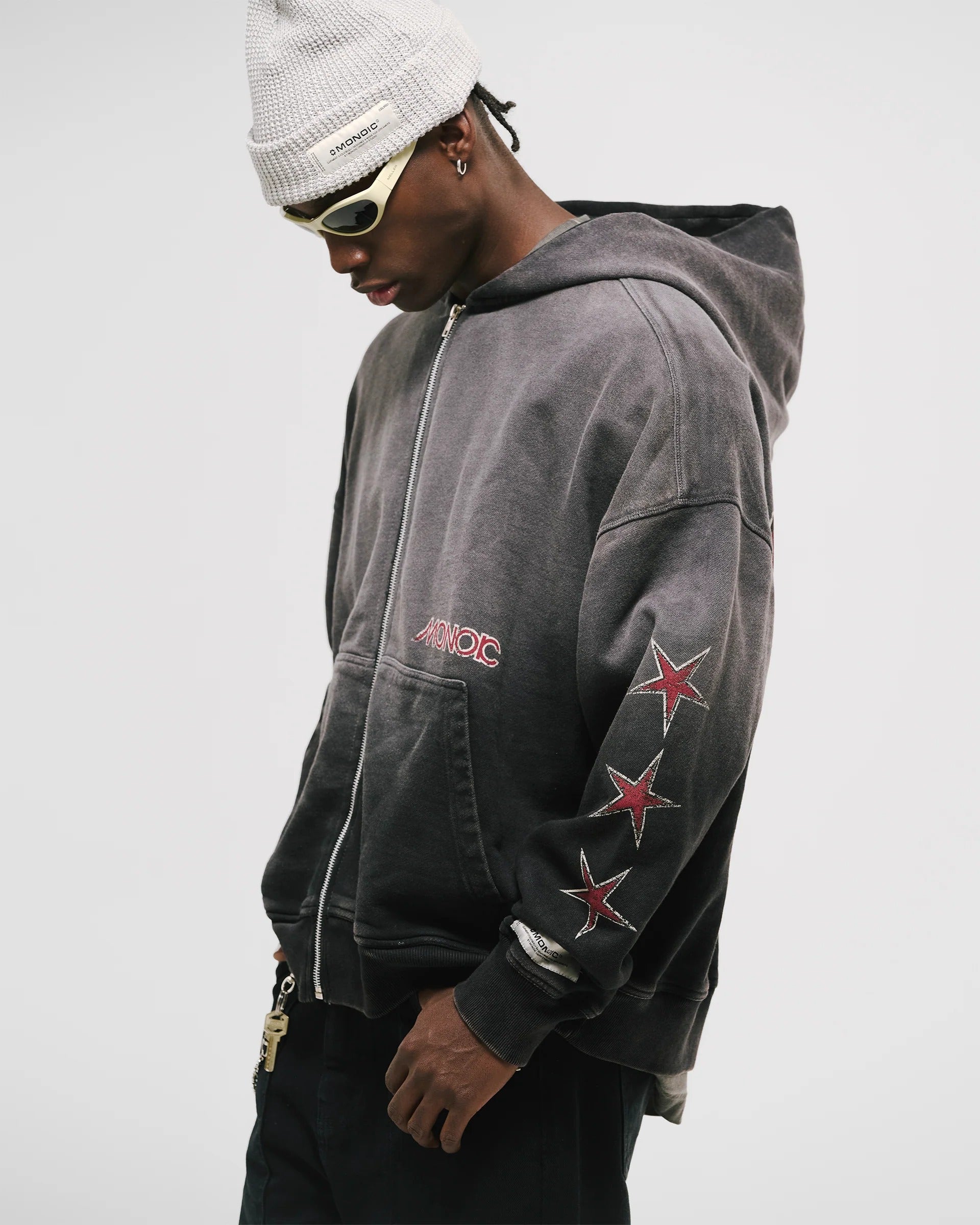 Monoic Records Zip Hoodie - Distressed Black